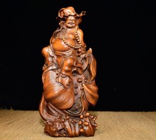 Handcrafted Wood Carving Boxwood Laughing Buddha Wooden Lotus Harmony Decor Mini