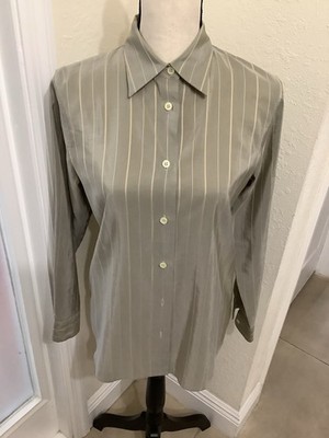 Giorgio Armani Women's Silk Taupe Beige Stripe Button Front Shirt Blouse Size 42