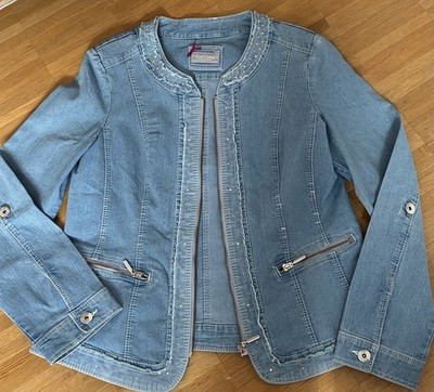 Sommer Jeansjacke mit Krempelarm - Canda -Gr. 40/42 - Blau kragenlos - kl.Nieten