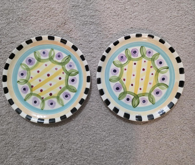 Pair Vicki Carroll Signed Studio Art Pottery 8'' Plates | Whimsical Check 1997