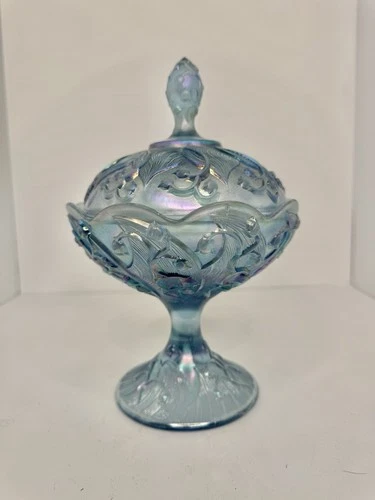 Vintage Fenton Glass Blue Carnival Glass Lily of the Valley Pedestal Candy Dish