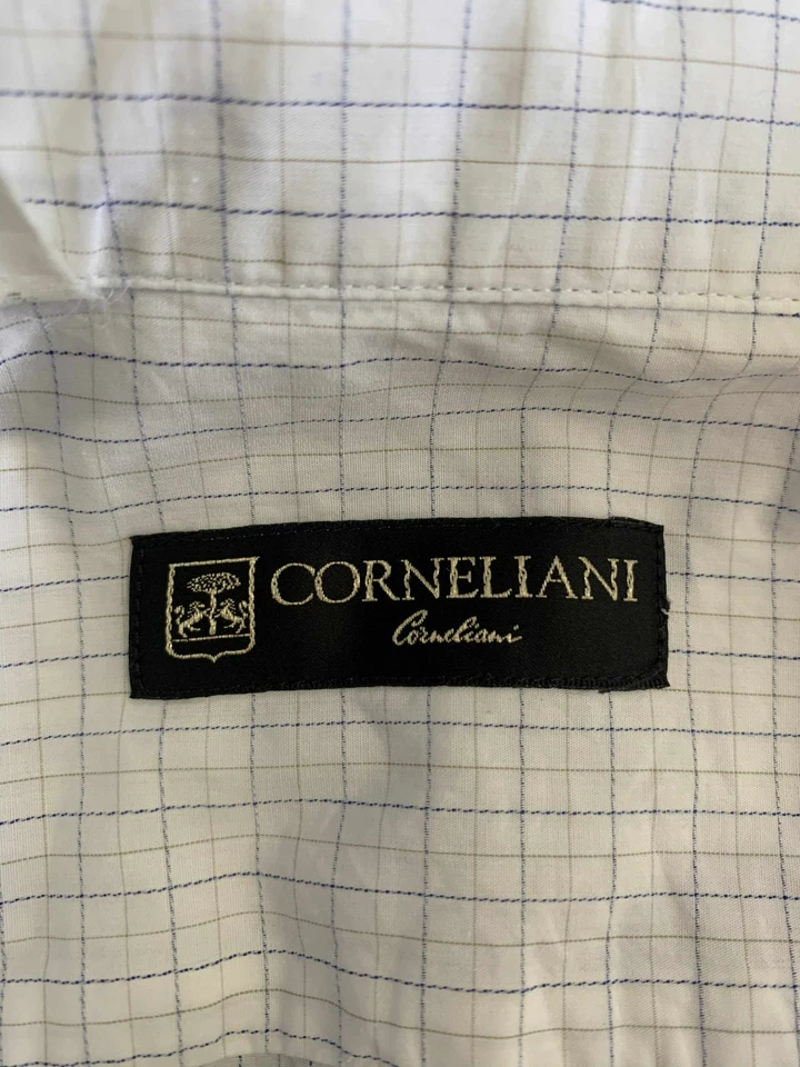 Camisa de vestir Corneliani Italia para hombre 17/43 XL blanca azul a cuadros manga larga #C8 Foto 3 de 4