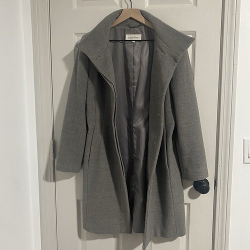 Calvin Klein Stehkragen Walker Mantel Damen 6 grau versteckter Knopfverschluss Wolle - Bild 3 von 13