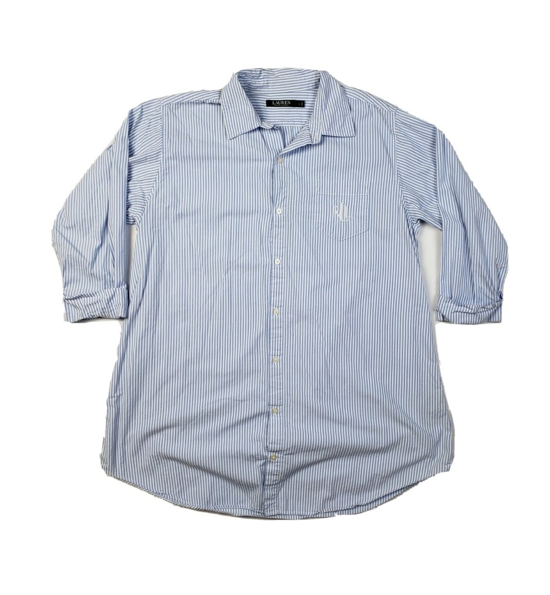 LAUREN RALPH LAUREN エンブレム刺繍 ストライプシャツ ブルー LRL Ralph Lauren Light Blue Stripe Roll Sleeve Logo Button