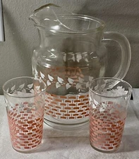 1950'S FEDERAL GLASS WARE PINK BASKET WEAVE PITCHER AND SET OF  2 TUMBLERS