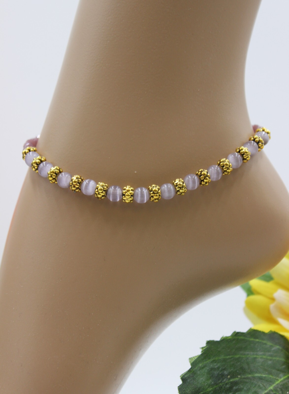 Anklet Bracelet Women Cateye Beads Purple Spacer Beads Gold Size M #KA092