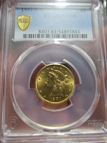 1901/0-S $5 Liberty Gold Half Eagle PCGS MS61 Coin, RARE COIN, San Francisco - Picture 2 of 9