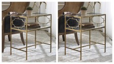TWO GENELL 26" AGED GOLD LEAF IRON ACCENT END TABLE GLASS TOP & SHELF 24335