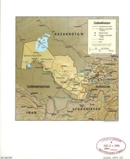 20" x 24" 1994 Physical Map Of Uzbekistan Railroads Roads