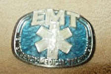 BELT BAKERY EMT EMERGENCY MEDICAL TECHNICIAN BLUE SILVER ENAMELED BELT BUCKLE