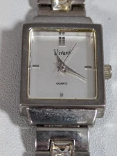 Vivani Silver Tone Dial Rectangle Case Crystal Accent Link Bracelet Band Watch