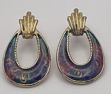 Vintage Gold Tone Swirled Multi Color Enameled Door Knocker Earrings Made in USA