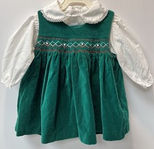 Vtg Sahara 2pc Jewel Green Smocked Velvet Party Dress Long Sleeve Size 12 month