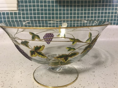Cuenco de cristal de vidrio vintage hecho en Rumania con incrustación de oro y compota con patrón de uva - Imagen 3 de 6