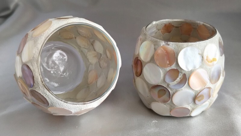 Set (2) Sand & Shell Covered Round Tea Light/Votive Candle Holders