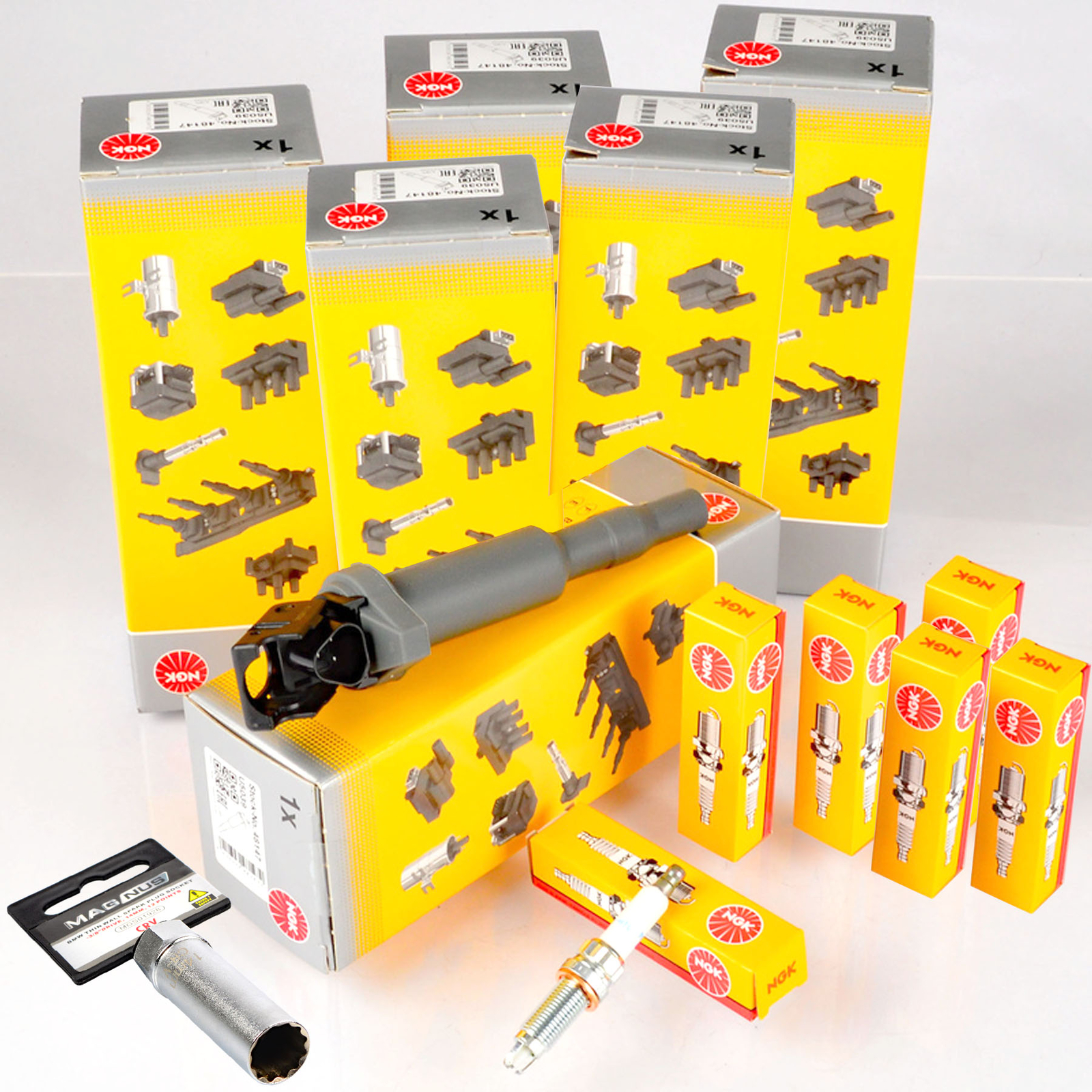 6x NGK 48147 Zündspulen + Zündkerzen Gelenkeinsatz für BMW E81 E87 E90 E60 F11