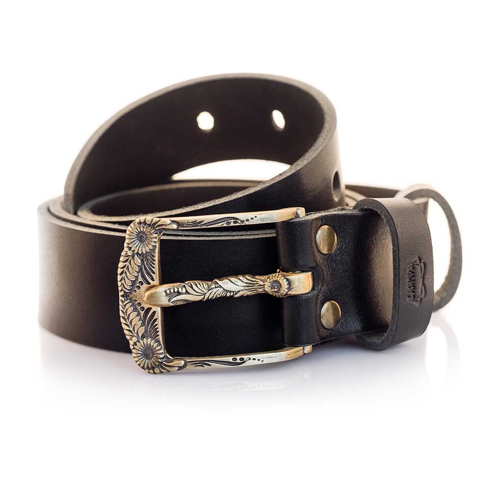 Leather belt with brass buckle Asters, Pin type, Petrykivka flower belt buckle-image