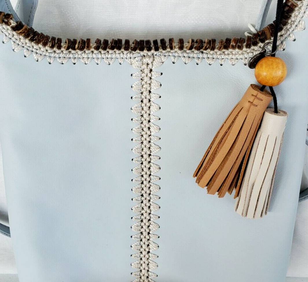 The Sak Huntley Artisanal Leather Soft Blue Crochet Trim Crossbody Bag