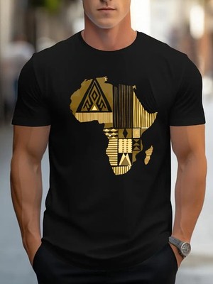 Africa Map Tribal Pattern Men Round Neck Short Sleeve Pure T-Shirt Summer Casu