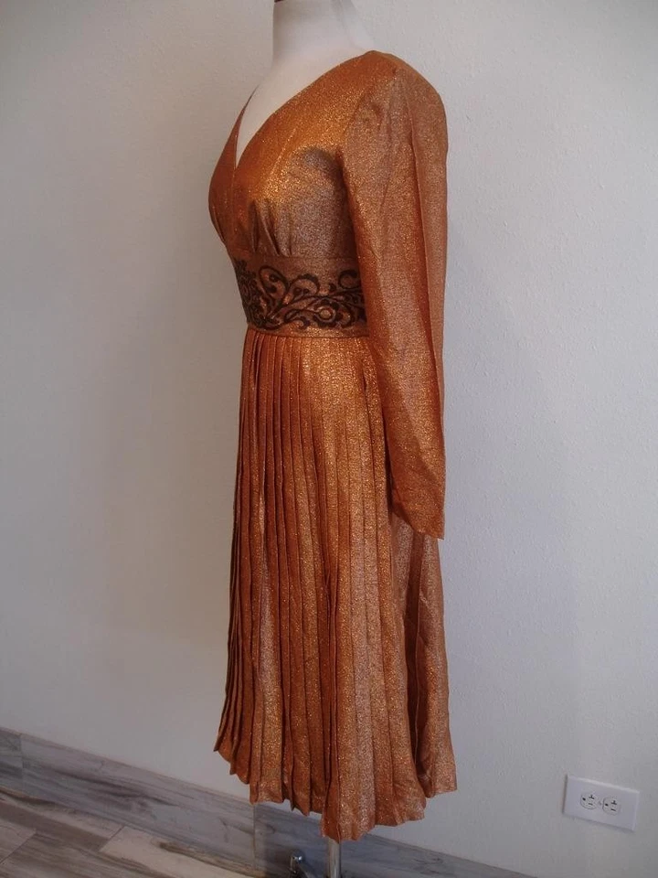 Women's S 10 Vtg 1960's Alfred Shaheen Metallic Gold Bronze Dress Pleated Gown - Image 2 of 4