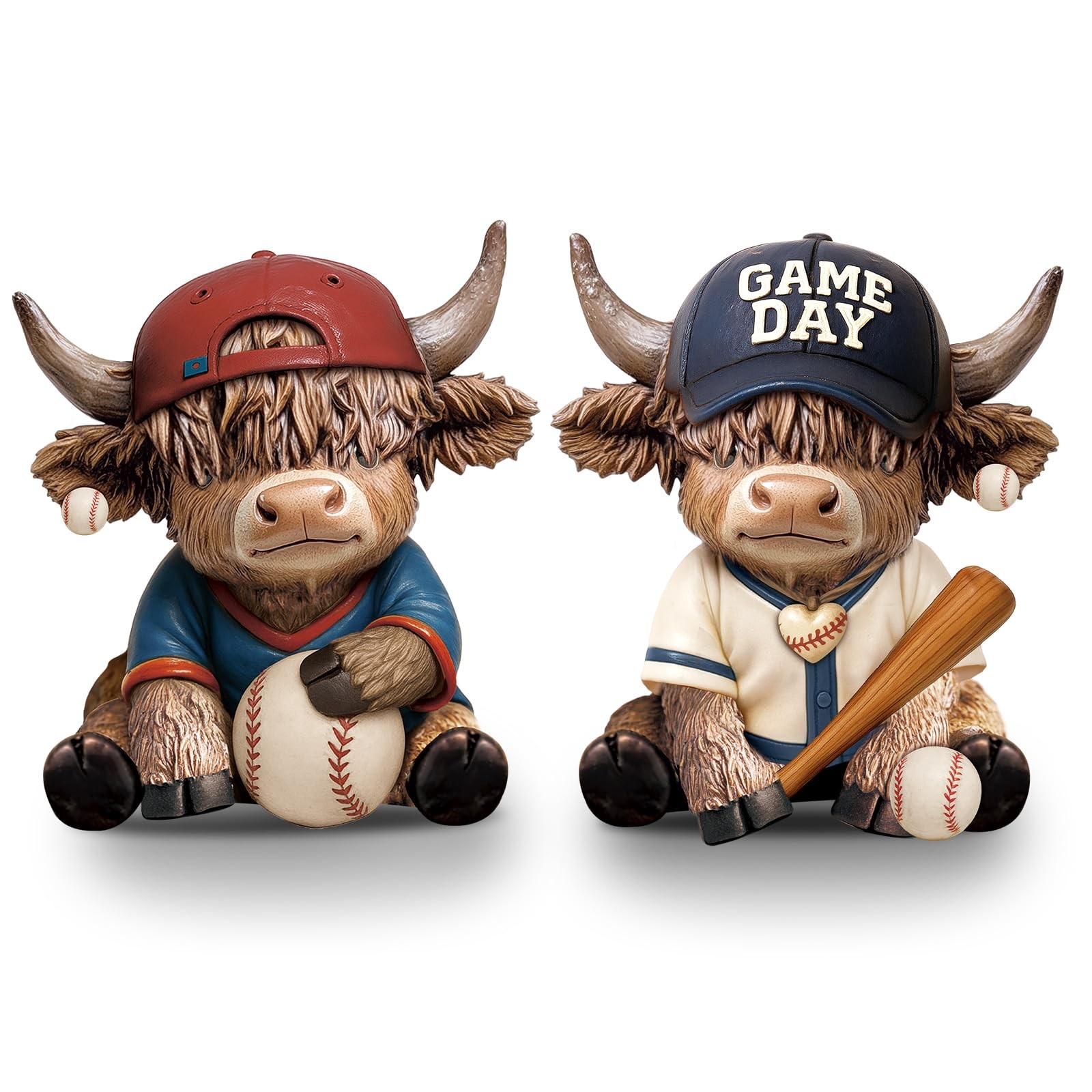 2 Pcs Baseball Highland Cow Figurines Decor, Cute Sport Resin Cow Statue with...