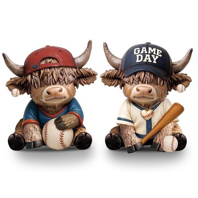 2 Pcs Baseball Highland Cow Figurines Decor, Cute Sport Resin Cow Statue with...