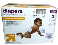 Up & Up Sz 3 Diapers 168 Giant Pack|SuperAbsorb Channels|12-Hour Leak Protection