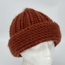 Burnt Orange Chunky Knit Beanie Hat - Women s Winter Stocking Cap Handmade VGUC