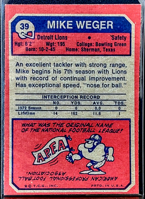 1973 Topps Mike Weger #39 Detroit Lions Safety NMT-MT | eBay