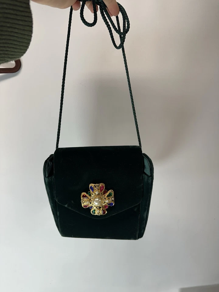 Cartera Vintage Terciopelo Broche Cierre Verde Oscuro Fiesta Bechamel Foto 4 de 4