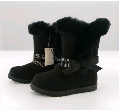 New Girls Size 11 Black Fur Boots Sparkling Rhinestone Falls Fashion  Footwear