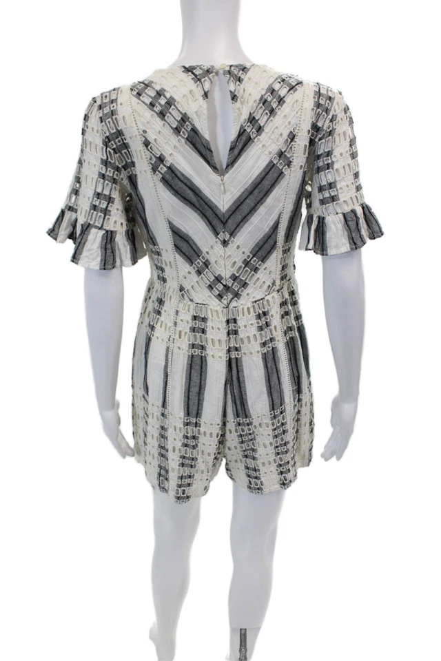 Ett: Twa By Anthropologie Womens Striped Eyelet V Neck Romper White Black Size 6 - Image 3 of 4