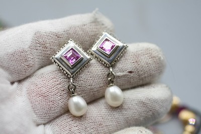 MICHAEL DAWKINS Earrings PEARL Dangle LAB CREATED PINK SAPPHIRE  925  R4