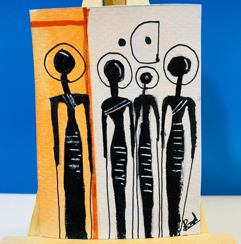 Abstract Tribal Figures ACEO Original Miniature Ink & Watercolor Painting Art