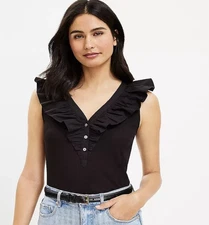 Loft Ruffle Mixed V-Neck Top Size M Black