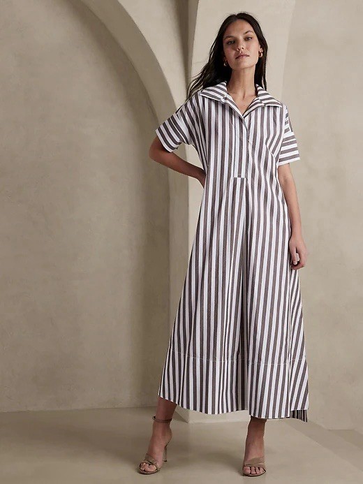 Banana Republic XS/S Rhyah Poplin Maxi Dress In Portobello Stripe Brown White