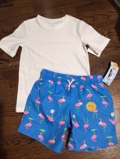 Cat  Jack Boys 3t Rash Guard Top  Flamingo Swim Shorts Blue/White Drawstring