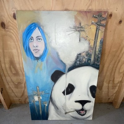 Panda Power Lines Smoke Painting on Canvas Original Contemporary Art Acrylic