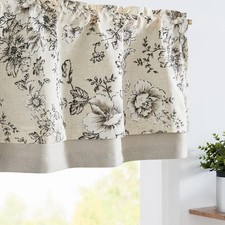 Linen Valance Curtain Farmhouse Window Decor Gray Floral Print for Kitchen Li...