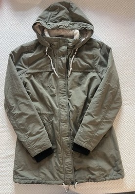 Eddie Bauer Women s Olive Green Parka Jacket Faux Fur & Flannel Lining Size L