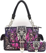 Camouflage Crown Buckle Western Style Purse Floral Shine Glow Large, Purple
