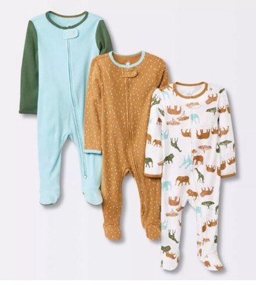 Cloud Island Unisex Baby 0-3 Months 3 Pk Sleepers 2-Way Zip Safari Animal Print