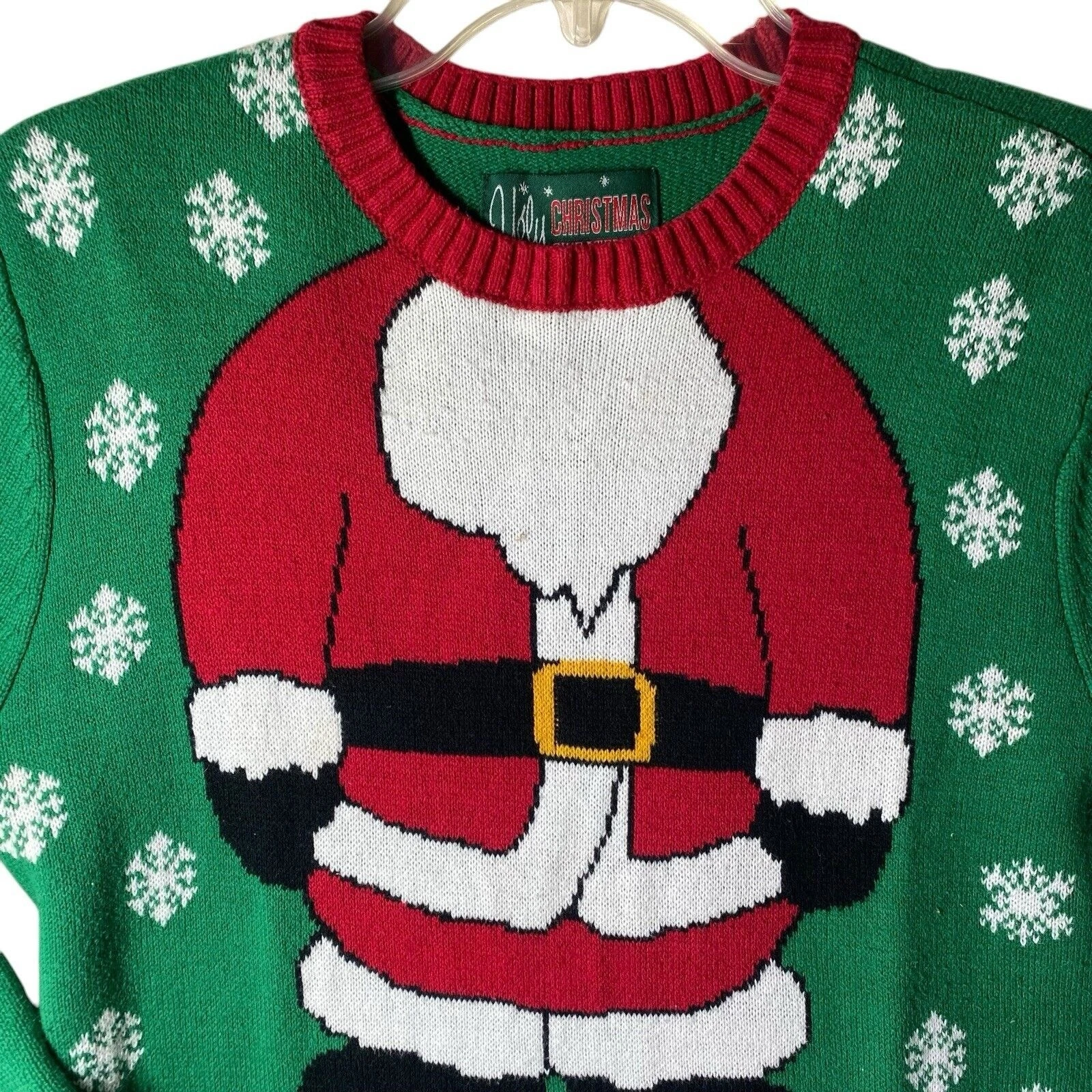 Ugly Christmas Sweater Size Medium Green Santa Snowflake Holiday Cotten Blend