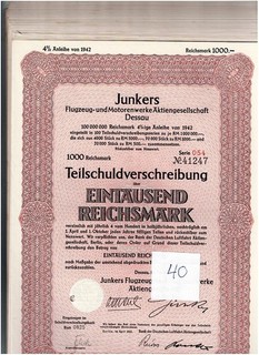Wholesale Lot 40 Junkers Flugzeug und Motorenwerke AG Dessau 1942 1000 RM VF