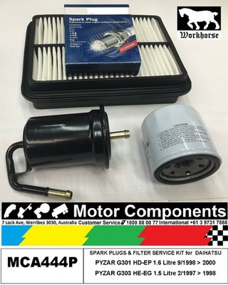 SPARK PLUG & FILTER KIT for DAIHATSU PYZAR G301 HD-EP 1.6L G303 HE-EG 1.5L 97>00
