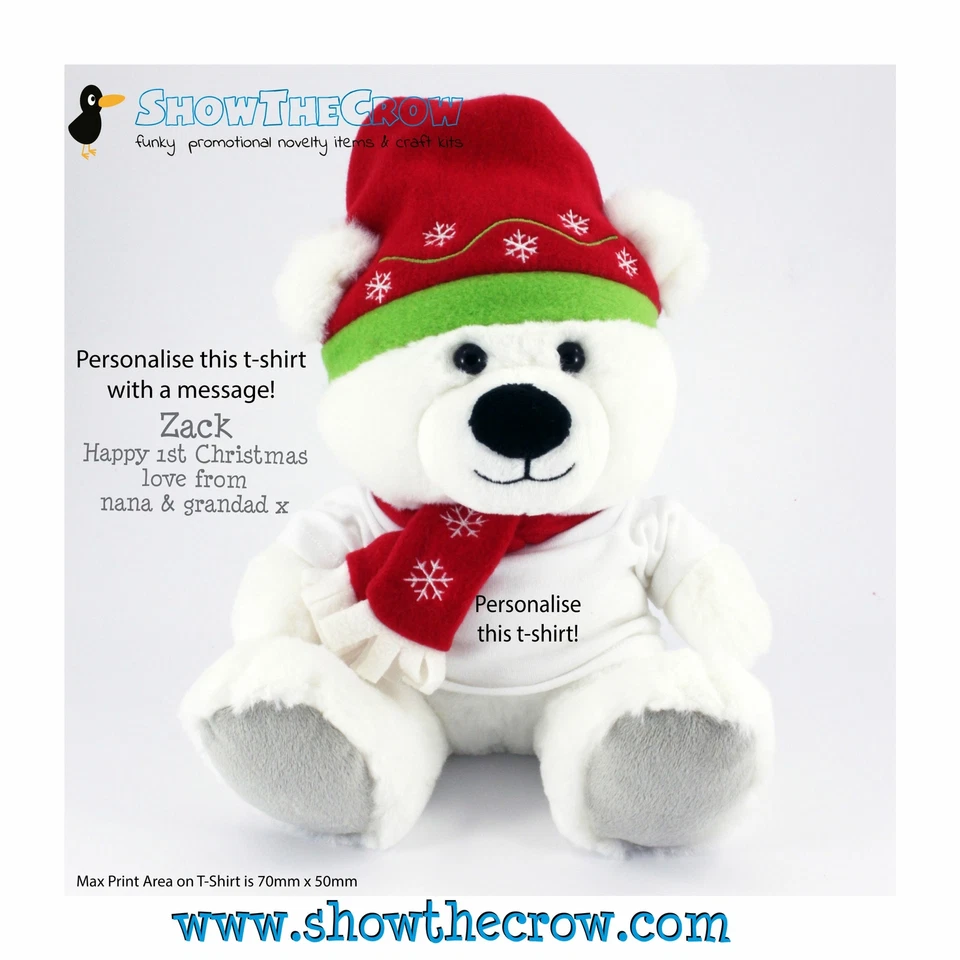 25cm Personalised Festive White Sitting Polar Bear with Text, Christmas Soft ...
