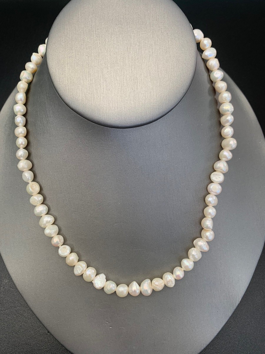 White Cultured Freshwater Pearl Bar Necklace with Antique Bead Sterling Silver - Made in the USA White Cultured Freshwater Pearl Bar Necklace with Antique Bead Sterling Silver - Made in the USA