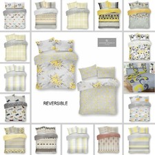 Image of Grey/Ochre Printed Duvet Set Quilt Cover Reversible Bedding Single Double King