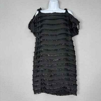 Behnaz Sarafpour Womens Dress 4 Black Linen Striped Fringe Flapper Dark Romantic