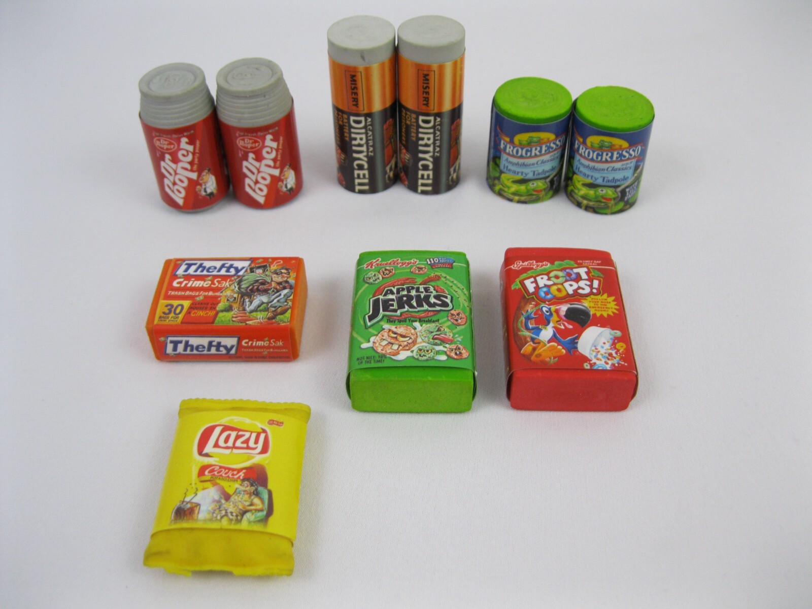 Wacky Packages Erasers Lot Of 10 Topps Apple Jerks Froot Oops Thefty Dr Pooper